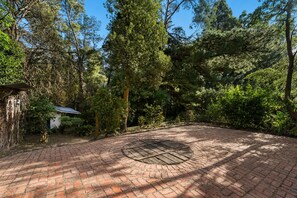 A paved patio with a circular cut-out in the center, surrounded by dense greenery and trees.