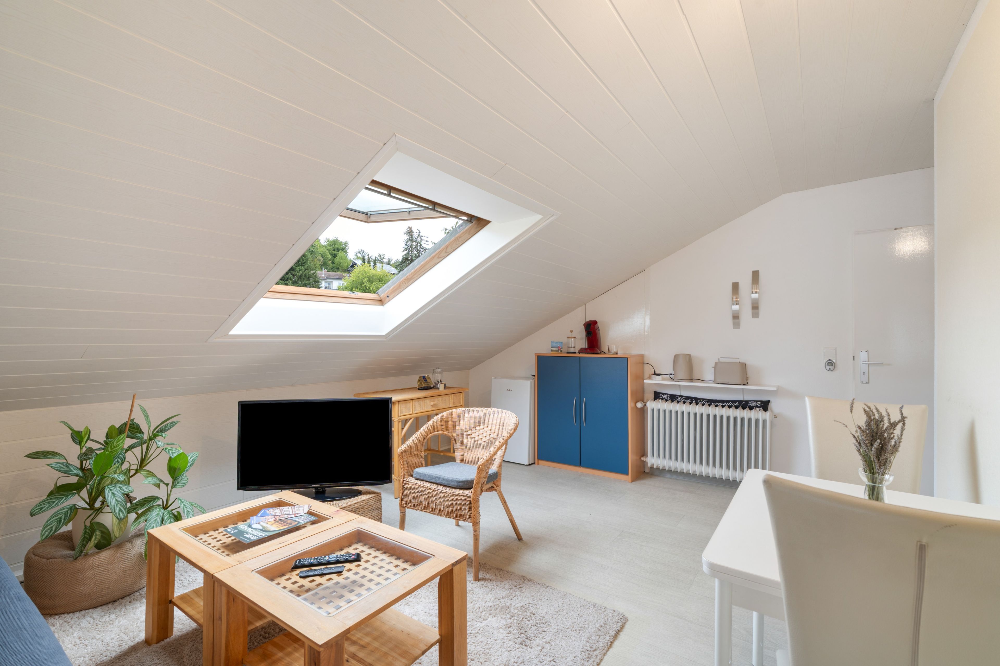 A modern loft bedroom with a skylight, a television, a dining area, and a kitchenette.