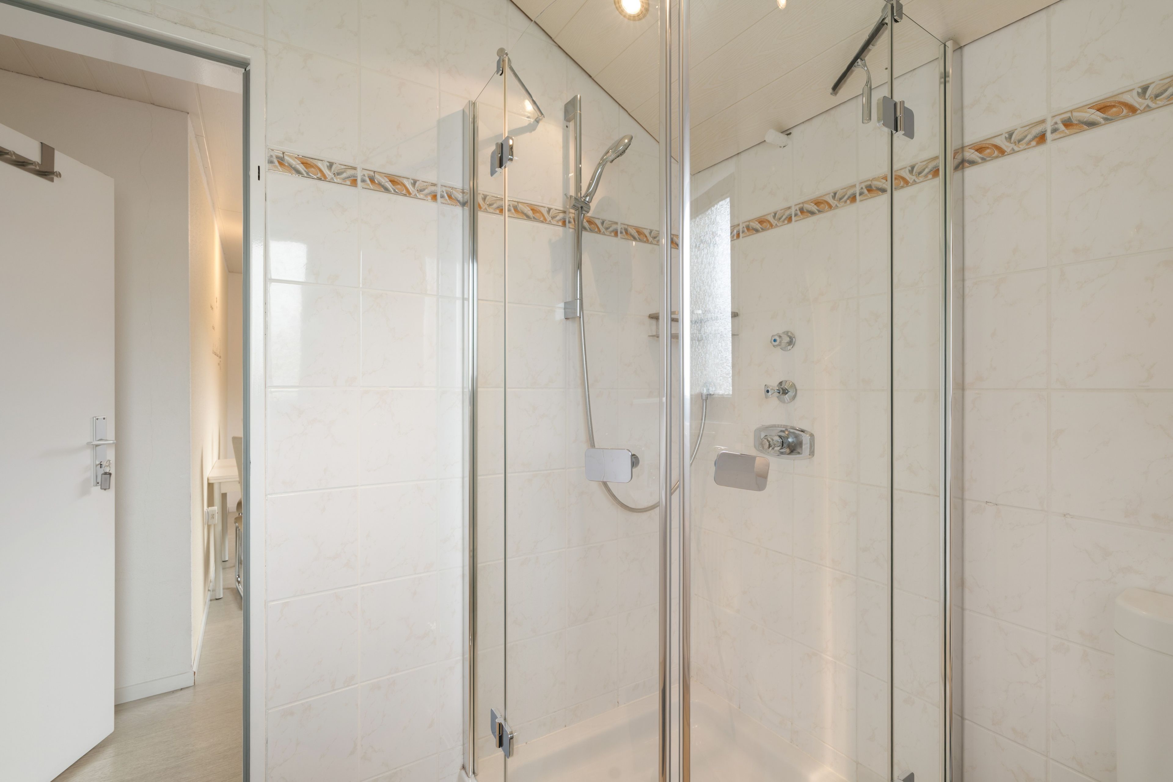 Ein Duschbereich mit Glaswand, einer Handbrause und einem am Wand montierten Wasserhahn.