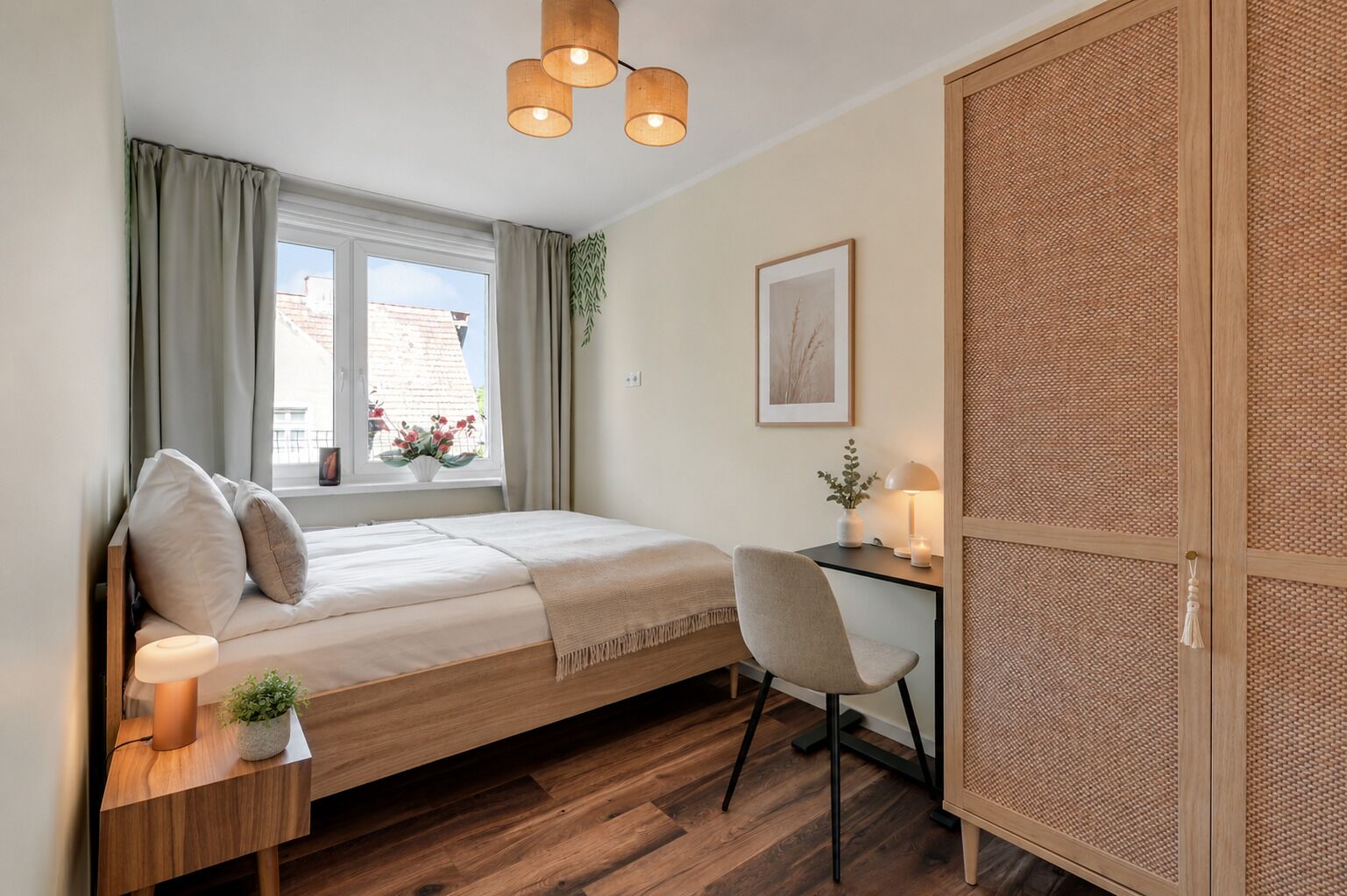 A bedroom with a bed, bedside table, lamp, chair, desk, window, and a door with a woven panel.