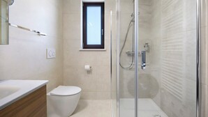 Shower, hair dryer, towels