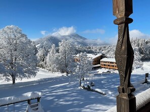 Schneebedeckte Landschaft mit einem Berg im Hintergrund, ein Gebäude mit verschneitem Dach und ein Holzzaun im Vordergrund.