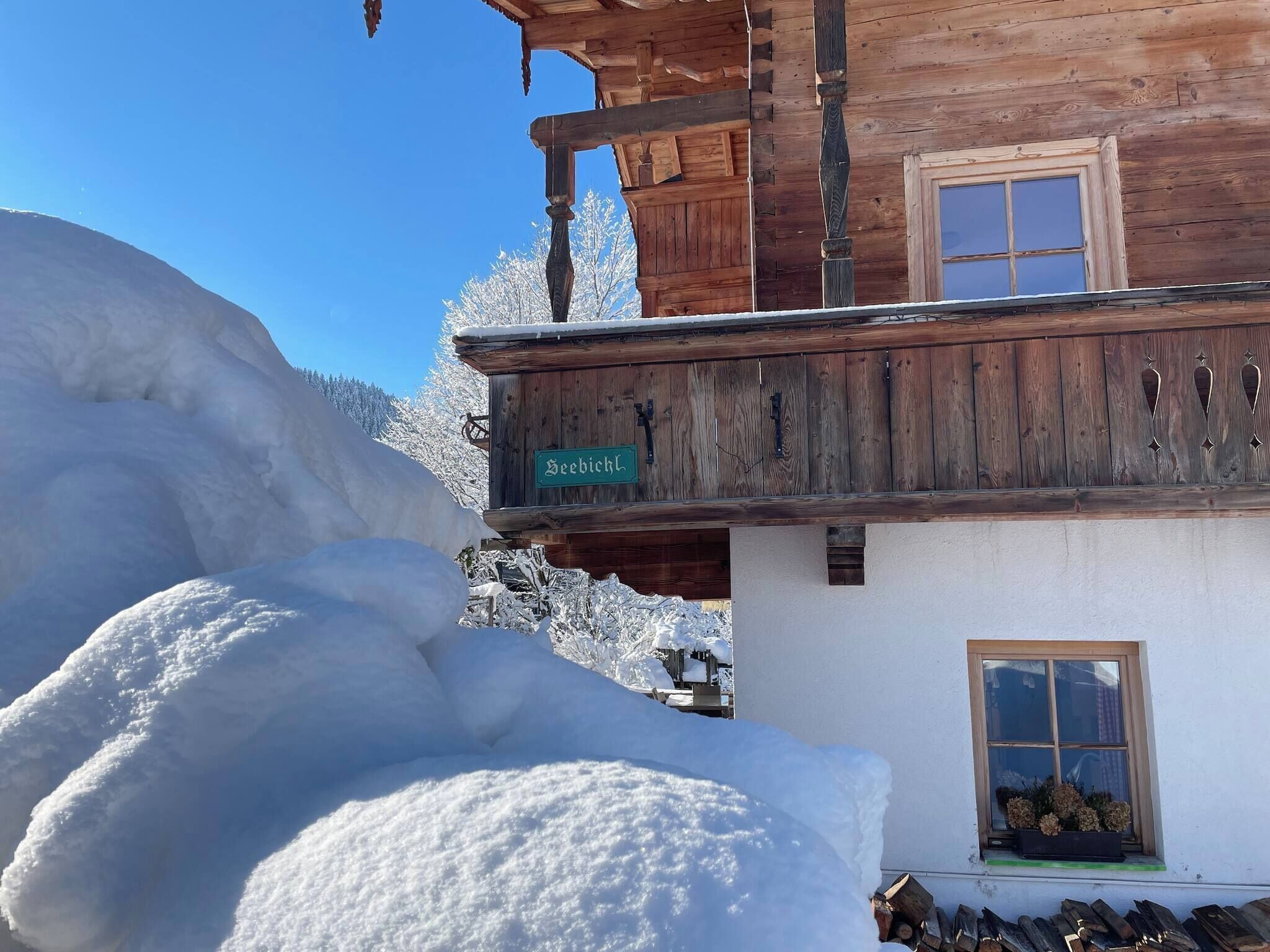 A wooden chalet with a balcony, a sign reading 'Seebichl', and a window with a flower box.