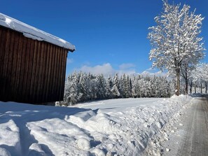 Eine verschneite Landschaft mit einem Holzhaus und einem Baum.