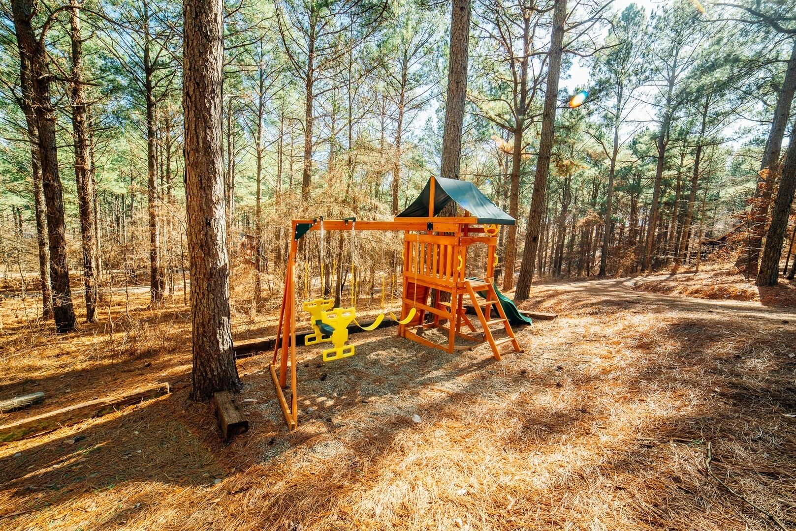Un área boscosa con un parque infantil que incluye un columpio y un tobogán.