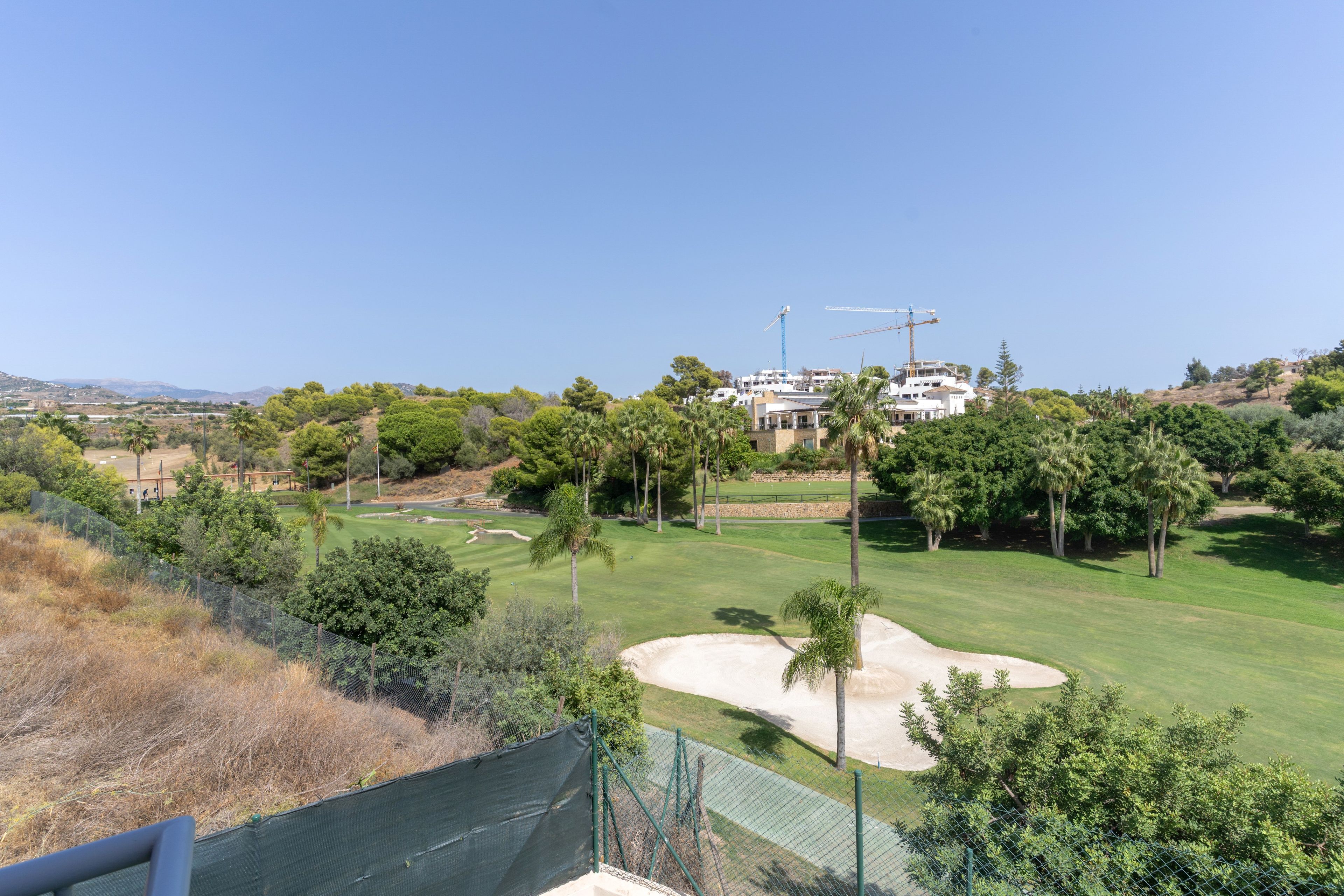 Un campo de golf con cielo despejado, palmeras y una grúa de construcción al fondo.