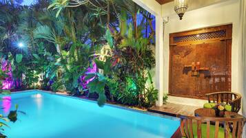 A swimming pool surrounded by lush tropical plants and a wooden door.
