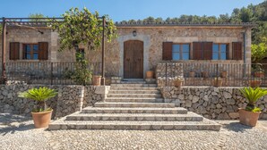 A stone building with a wooden door, stone steps leading to the entrance, and potted plants on either side.