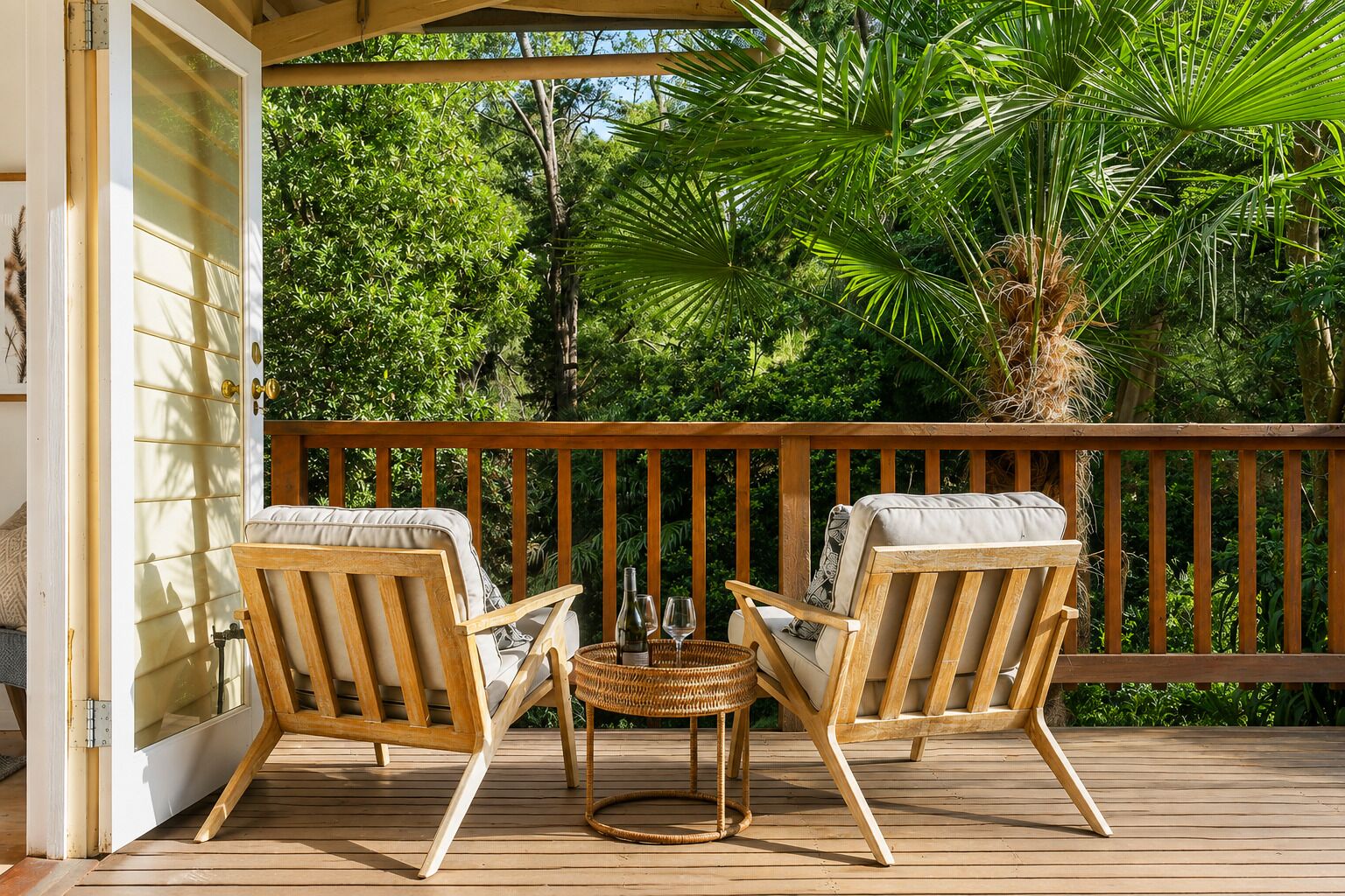 Eine Holzterrasse mit zwei Stühlen und einem kleinen Tisch, umgeben von üppigem Grün.