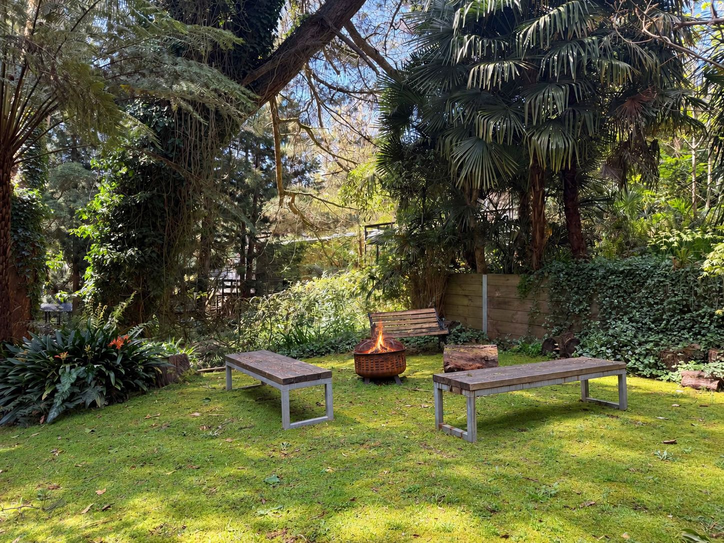 A garden with two benches, a fire pit, and lush greenery.