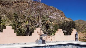A swimming pool with a water feature, surrounded by a landscaped area with plants and a view of a mountainous landscape.
