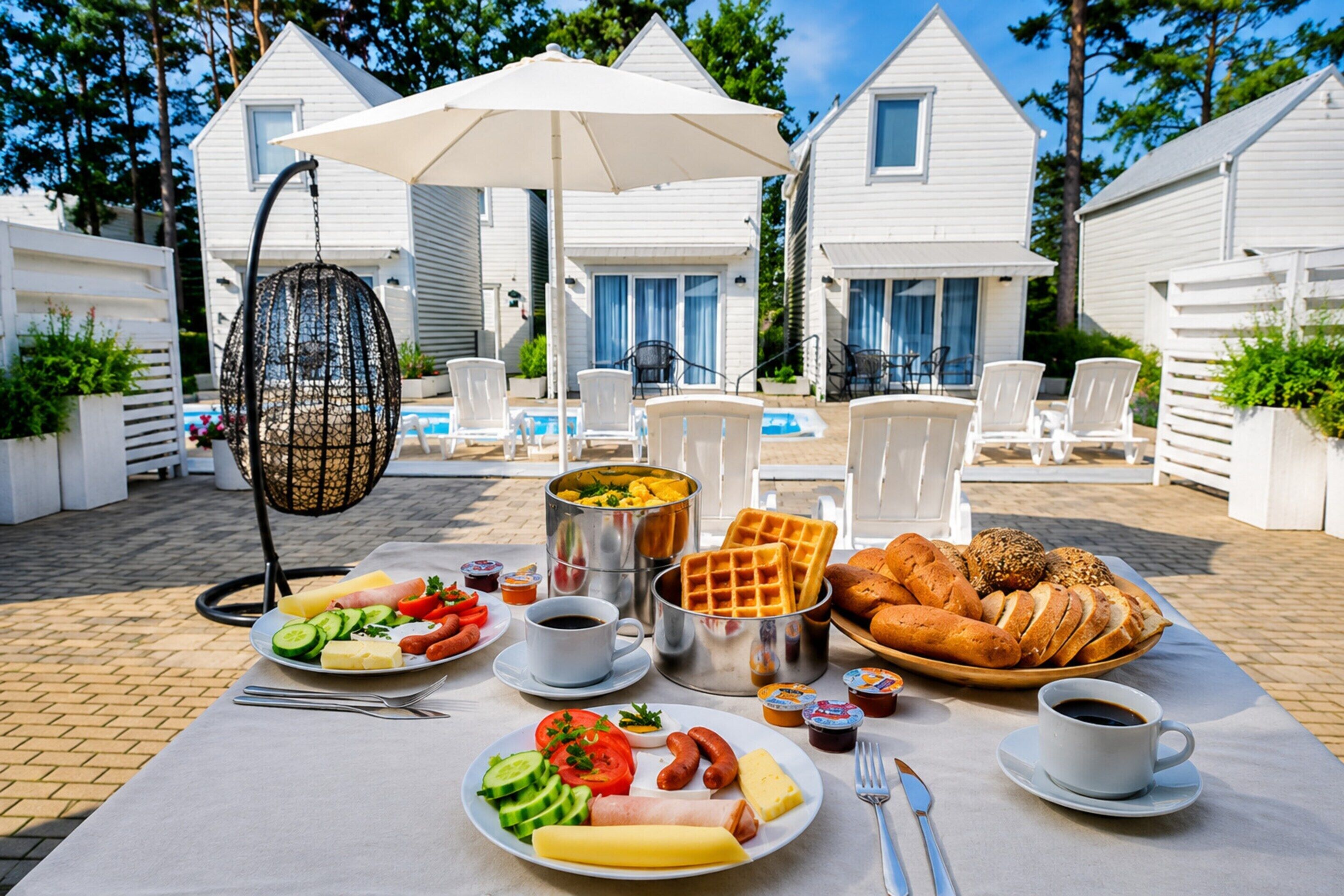 An outdoor dining area with a table set for breakfast, including various foods, drinks, and a hanging chair.