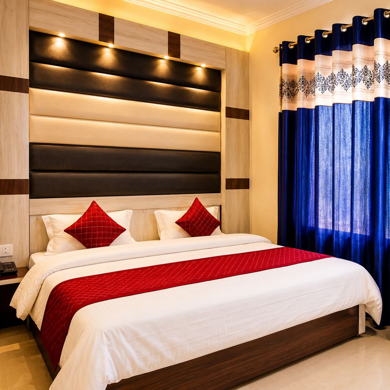 A modern hotel room with a large bed, a headboard with built-in lighting, and a view of the outside through curtains.