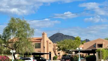 A residential area with houses, a mountain in the background, and parked cars.