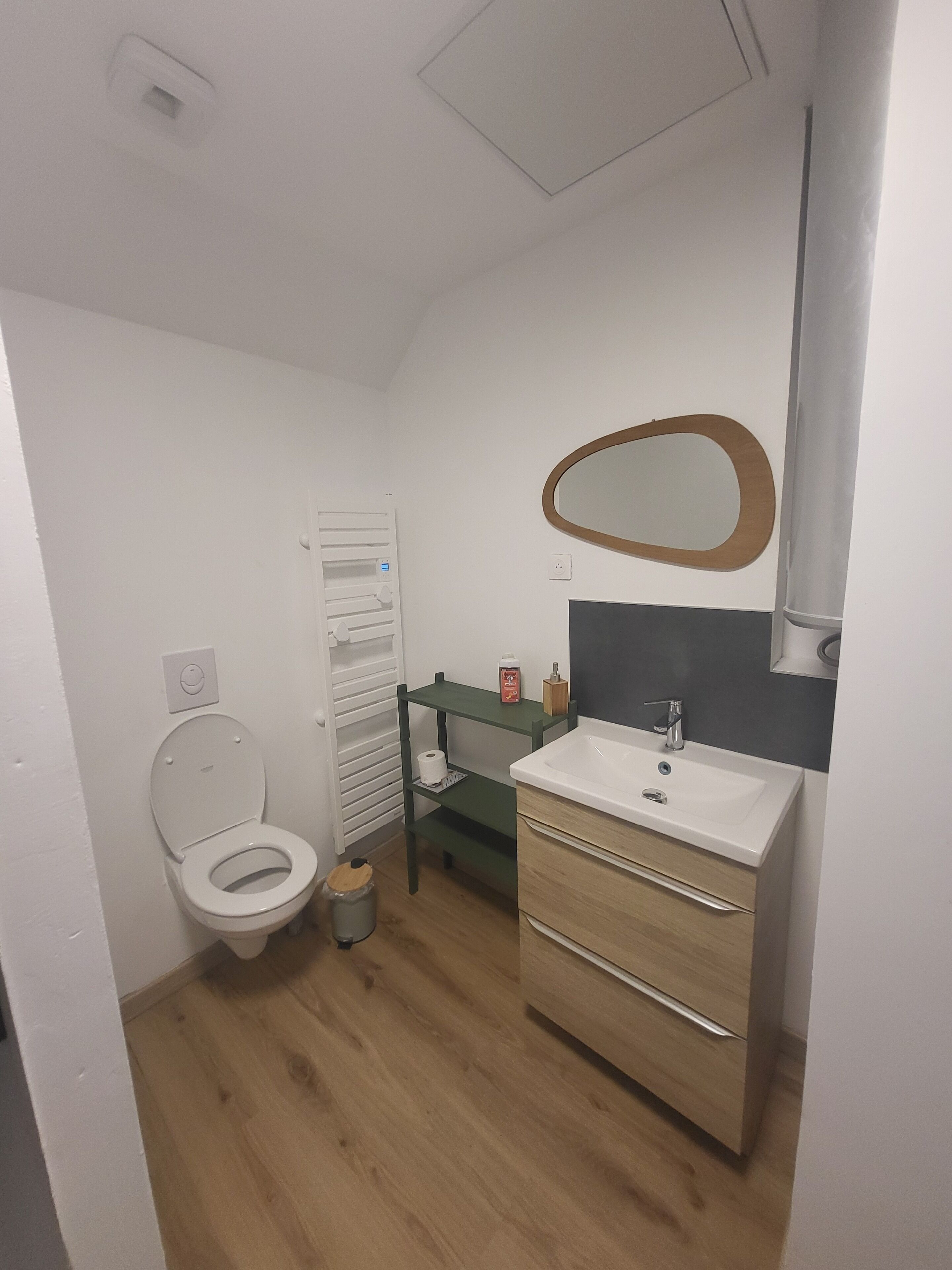 A small, modern bathroom with a toilet, sink, and mirror.