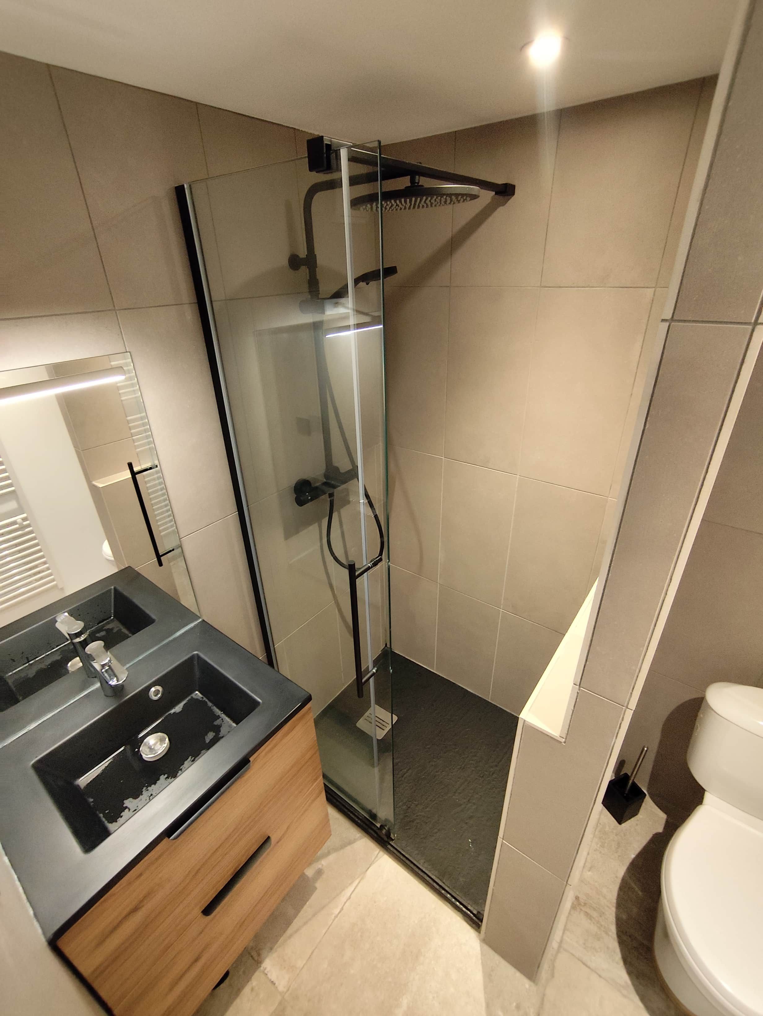A modern bathroom with a glass-enclosed shower, a sink with a mirror, and a toilet.