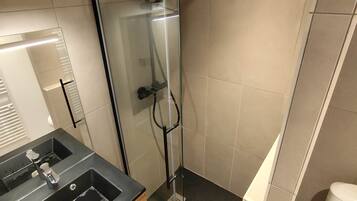 A modern bathroom with a glass-enclosed shower, a sink with a mirror, and a toilet.