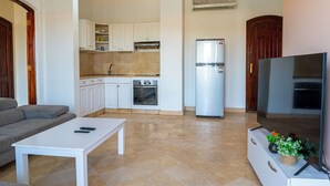 Un ambiente compatto con angolo cottura, divano, tavolino e televisione.