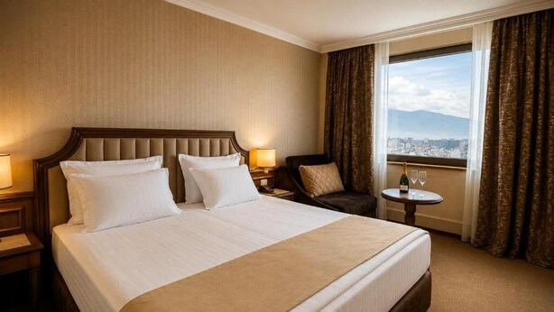 Habitación de hotel con una cama grande, una mesita de noche, una silla, una pequeña mesa y un ventanal con cortinas.
