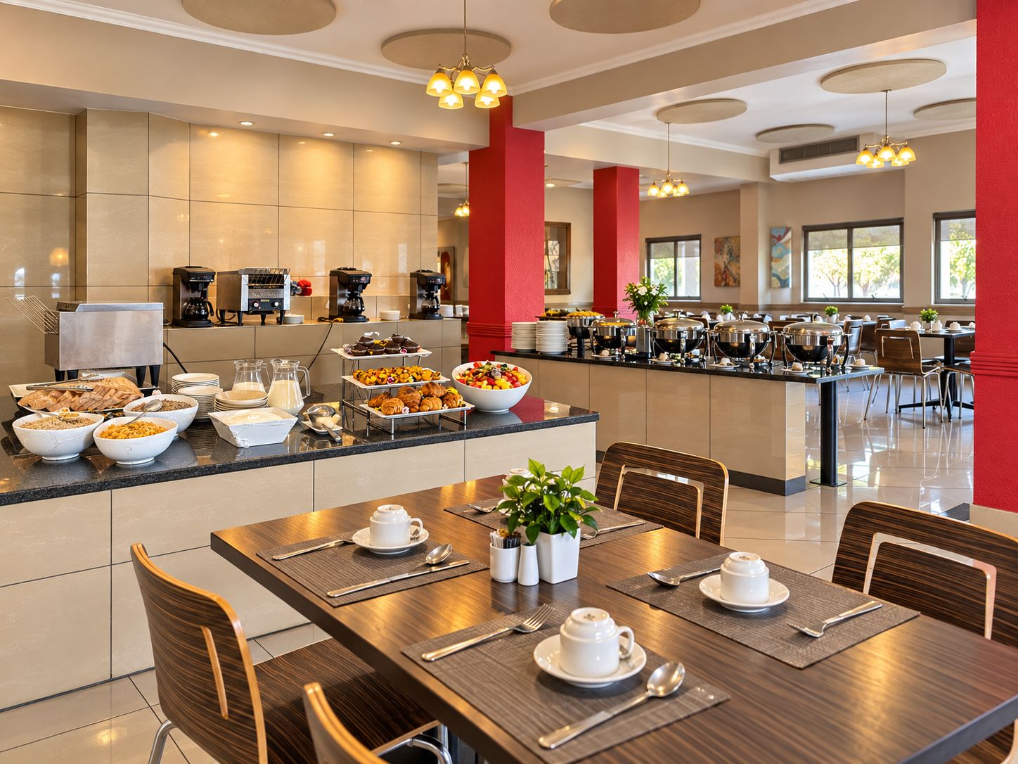 Un'area ristorazione in hotel con buffet, prodotti per la colazione e posti a sedere.