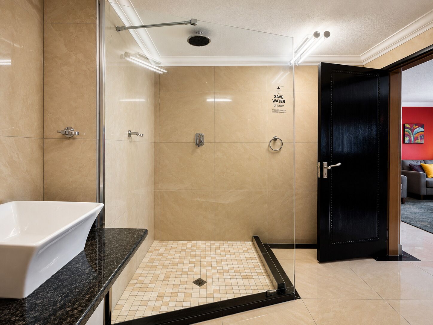 A modern bathroom with a glass-enclosed shower, a white sink, and a tiled floor.