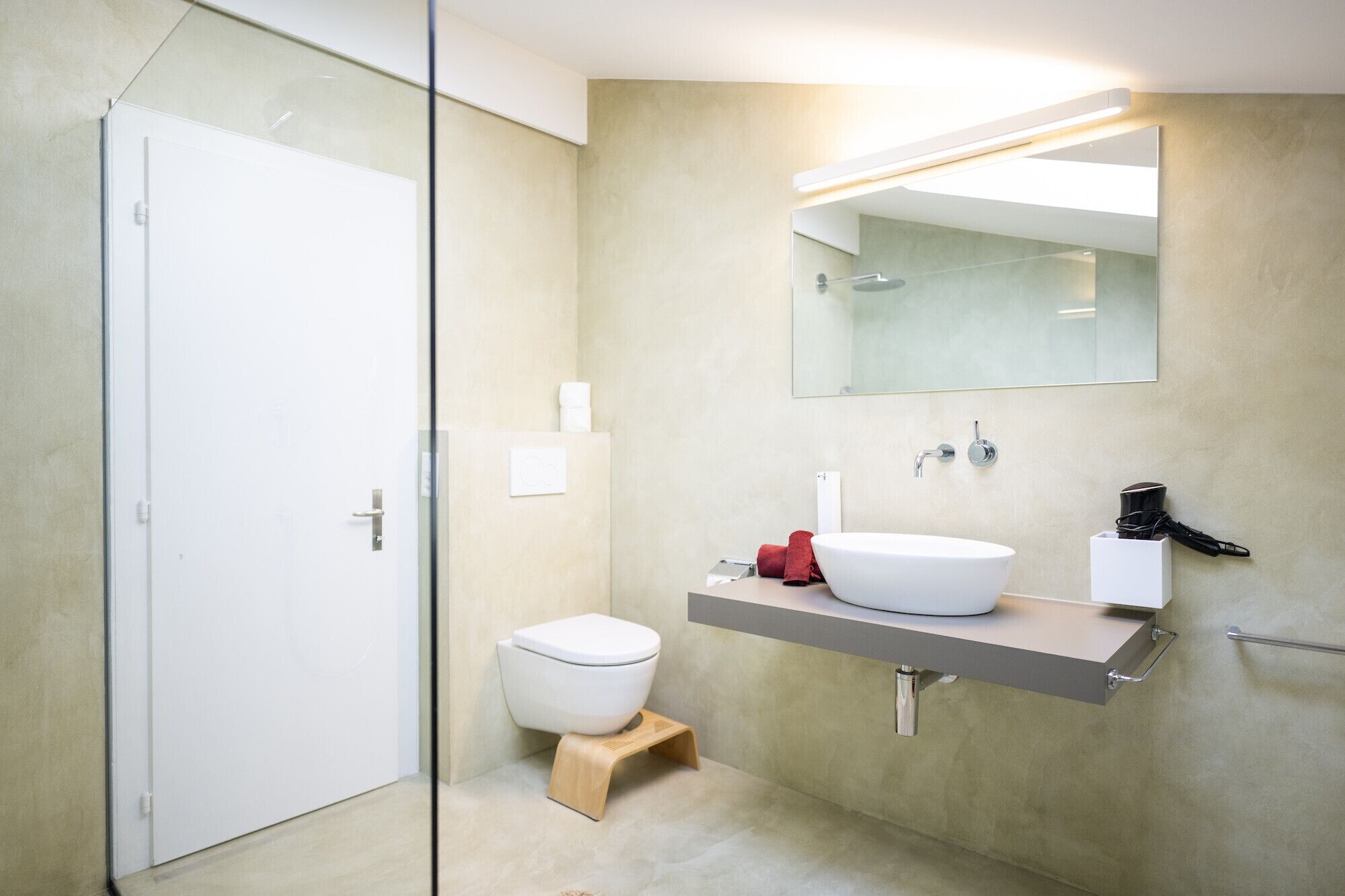 A modern bathroom with a glass shower enclosure, a white toilet, and a vanity with a large mirror.
