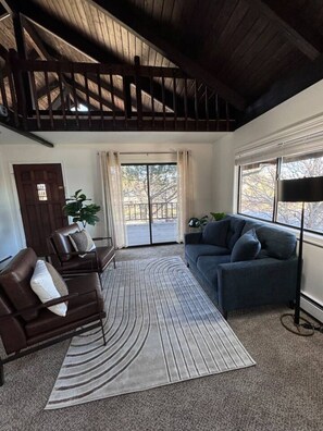 A living room with a dark brown leather sofa, a grey sofa, a striped rug, and a large window with curtains.