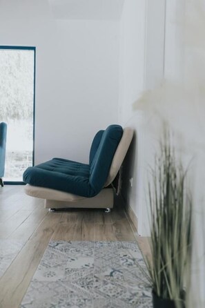 A modern room with a sofa, a patterned rug, and a potted plant.