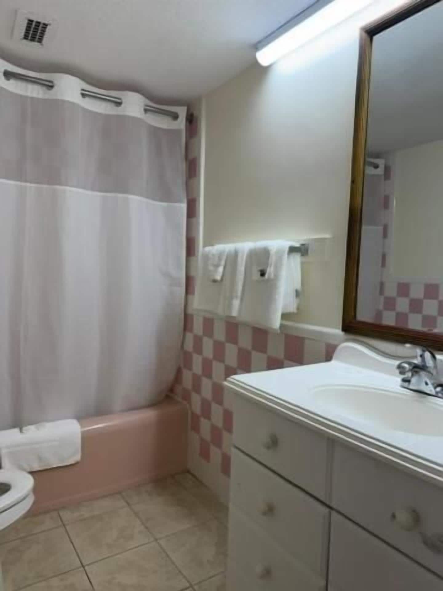 Bathtub, towels, soap, shampoo