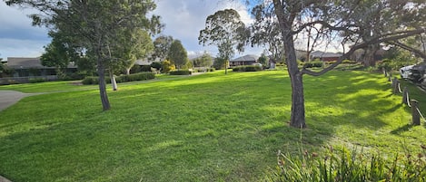 A well-maintained grassy area with trees and a pathway.