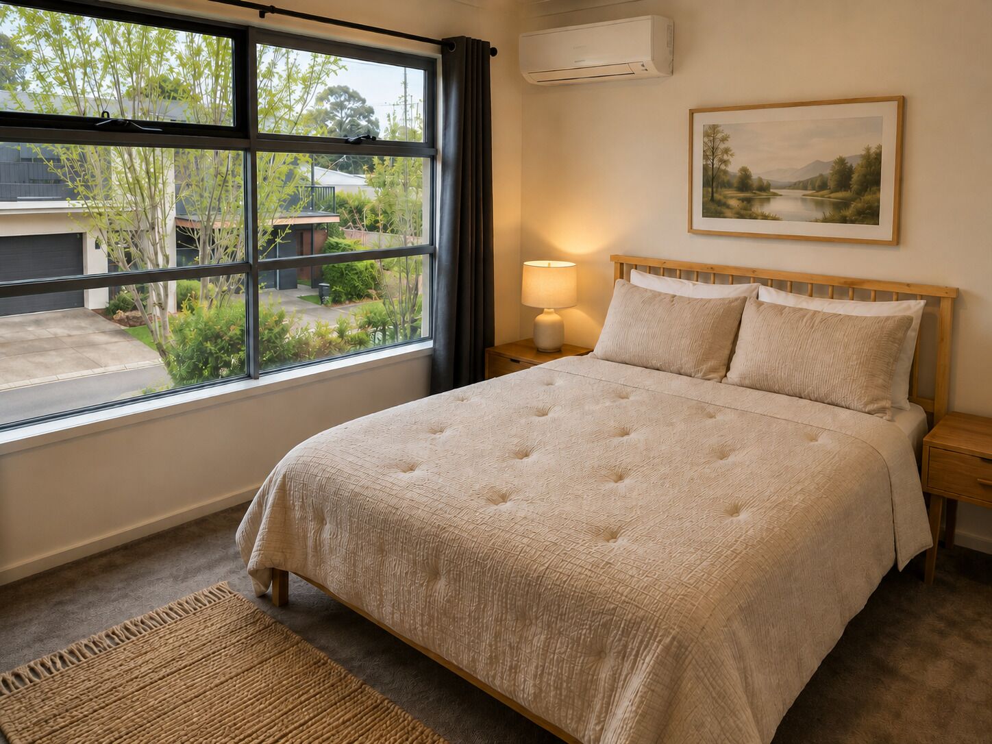 Ein Schlafzimmer mit großem Fenster, einem Bett mit Kopfteil, einer Nachttischlampe und einem Bild an der Wand.