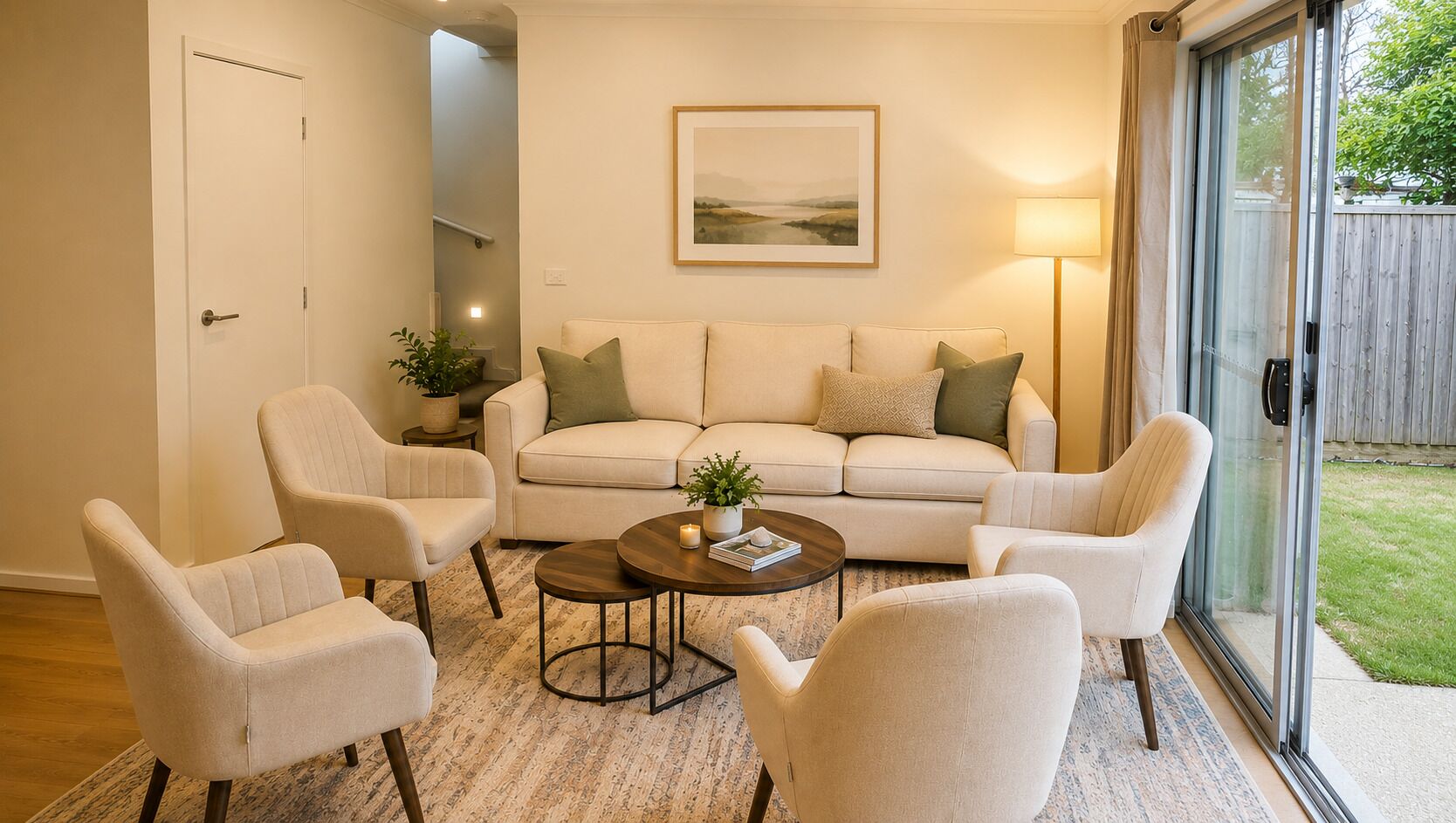 A living room with a sofa, two armchairs, a coffee table, and a floor lamp.