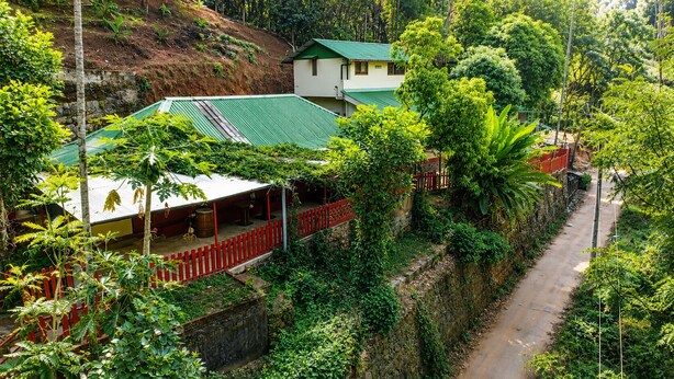 A residential area with a house featuring a green roof, surrounded by lush greenery and a red fence. - Canopy Hills Resort Munnar (Munnar)