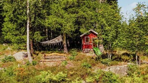 Eine rote Holzhütte, umgeben von dichtem Wald, mit einer Hängematte und einem grünen Stuhl.