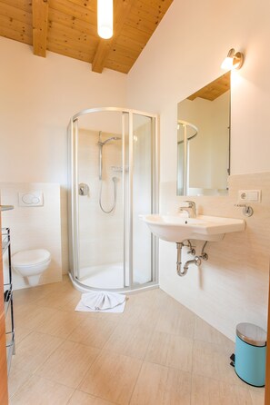 Douche, sèche-cheveux, serviettes fournies