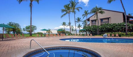 Una piscina con borde de azulejos, rodeada de palmeras y tumbonas, con un edificio al fondo.