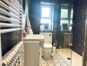 A bathroom with a toilet, sink, and shower. - Muddy Boots Scarpa (Kirkby Stephen)
