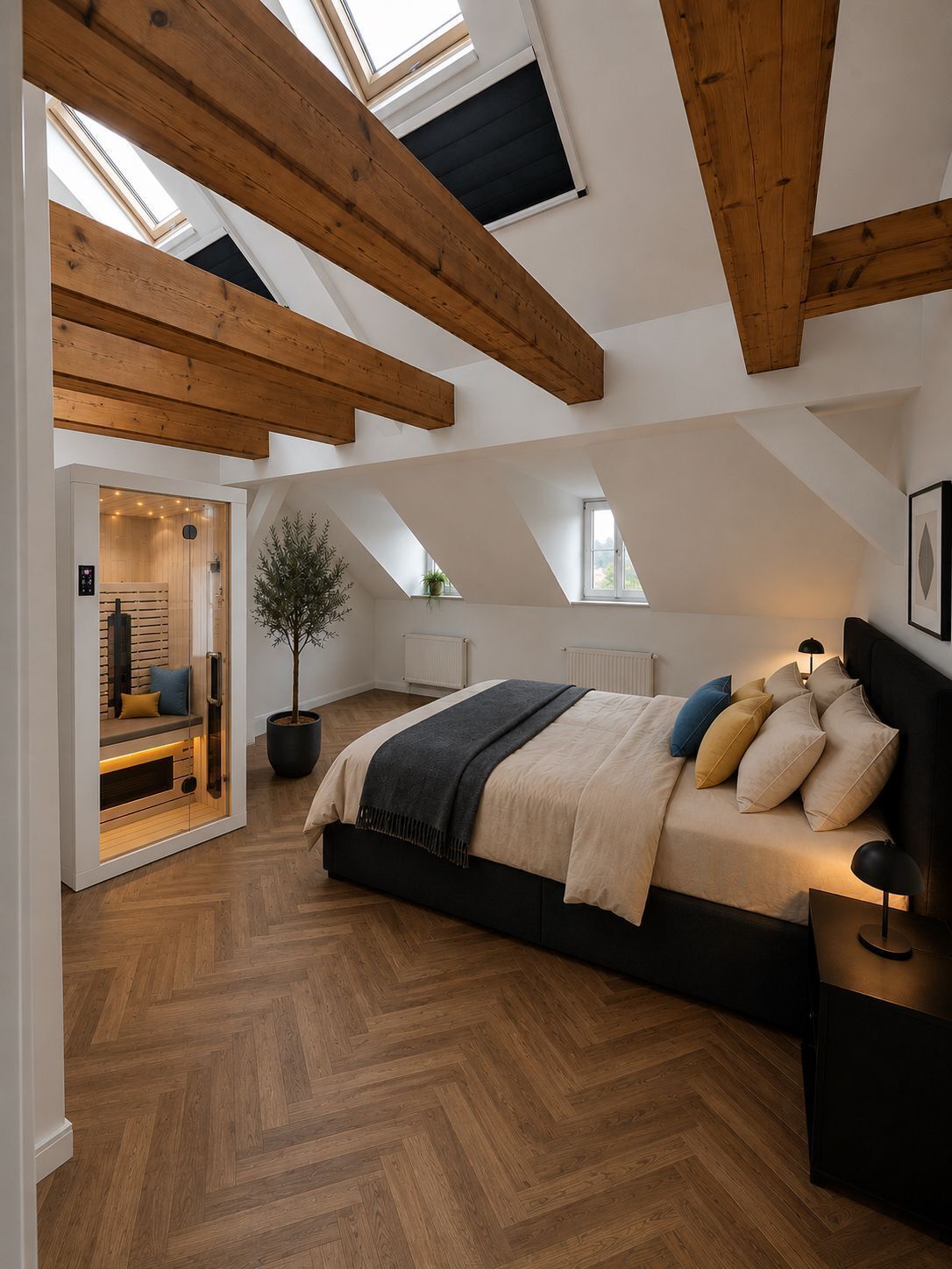 Une chambre avec un plafond en pente, des poutres en bois, un lit avec de nombreux oreillers, une table de chevet et une plante en pot.