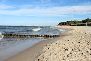 Una platja sorrenca amb un duguó de fusta, un moll a la distància i un turó boscós.