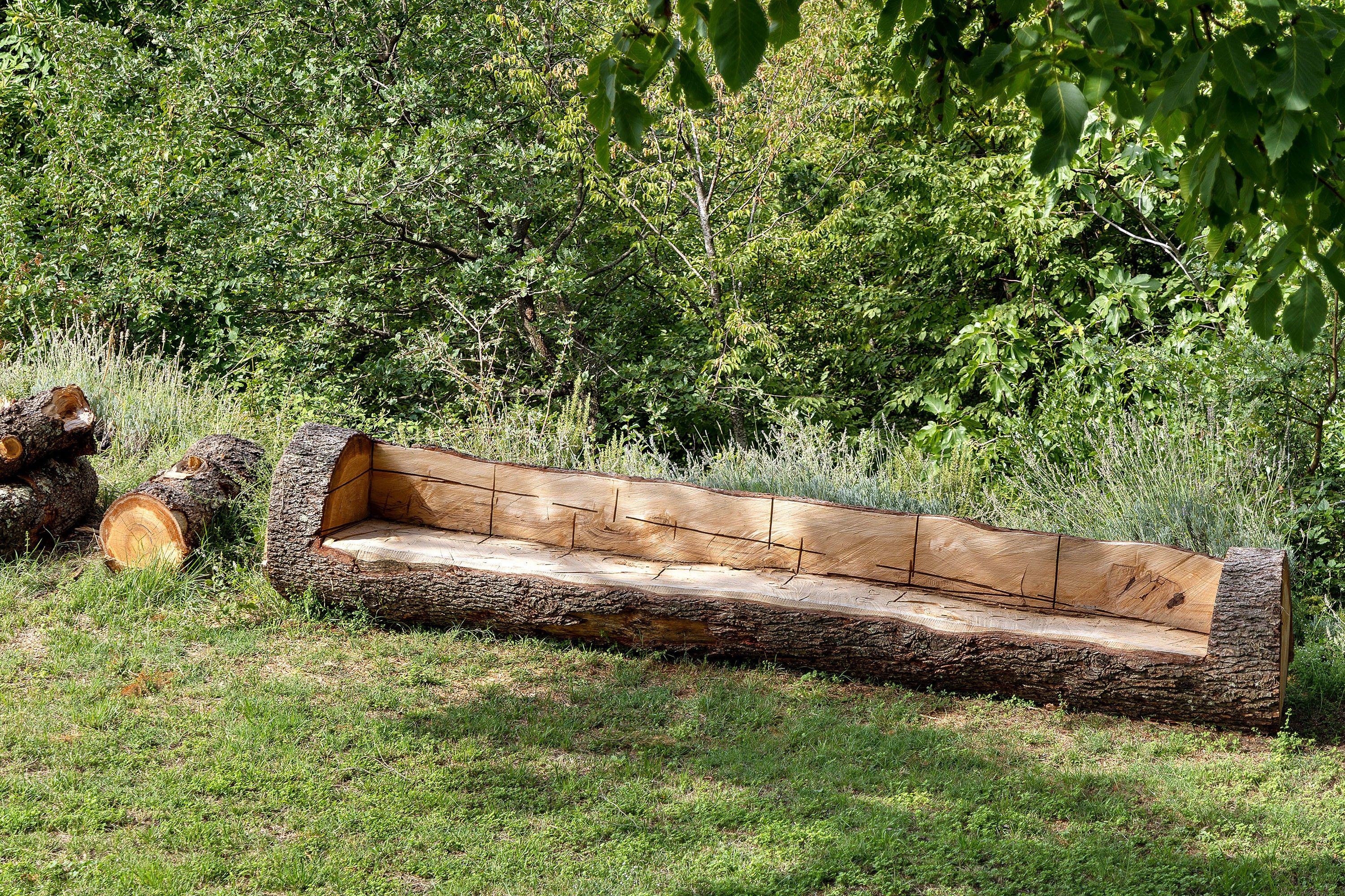 A log bench in a natural setting with grass and trees.