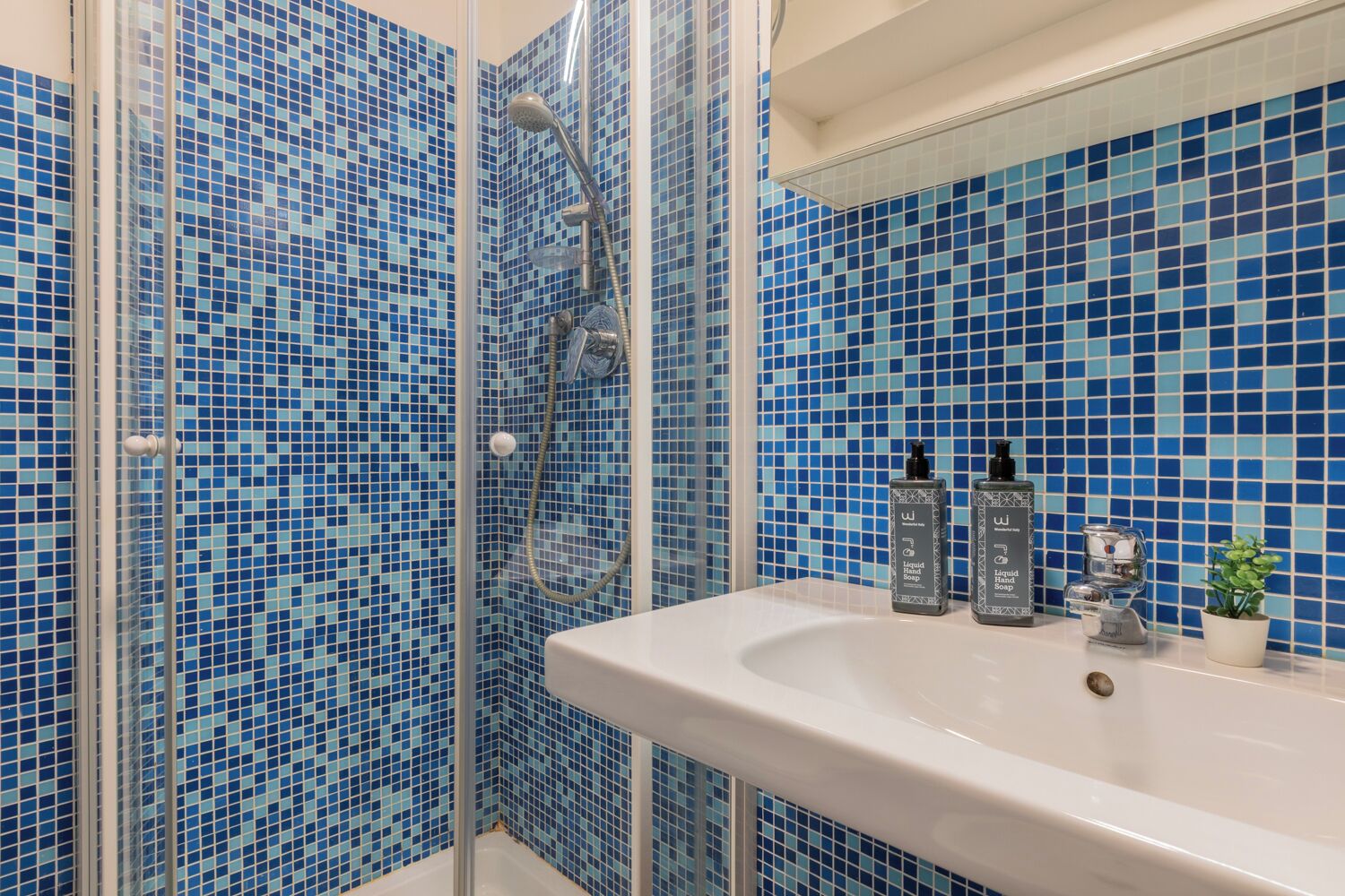 Ein Badezimmer mit einem weißen Waschbecken, zwei Seifenflaschen, einer kleinen Topfpflanze und einer Dusche mit blauen Mosaikfliesen.