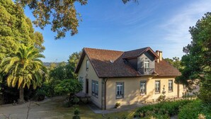 A two-story house with a sloped roof, surrounded by lush greenery and a clear sky.