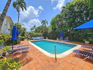 A swimming pool with lounge chairs and umbrellas, surrounded by greenery and a building. - Poolside condo with garden access direct to beach! (Holetown)