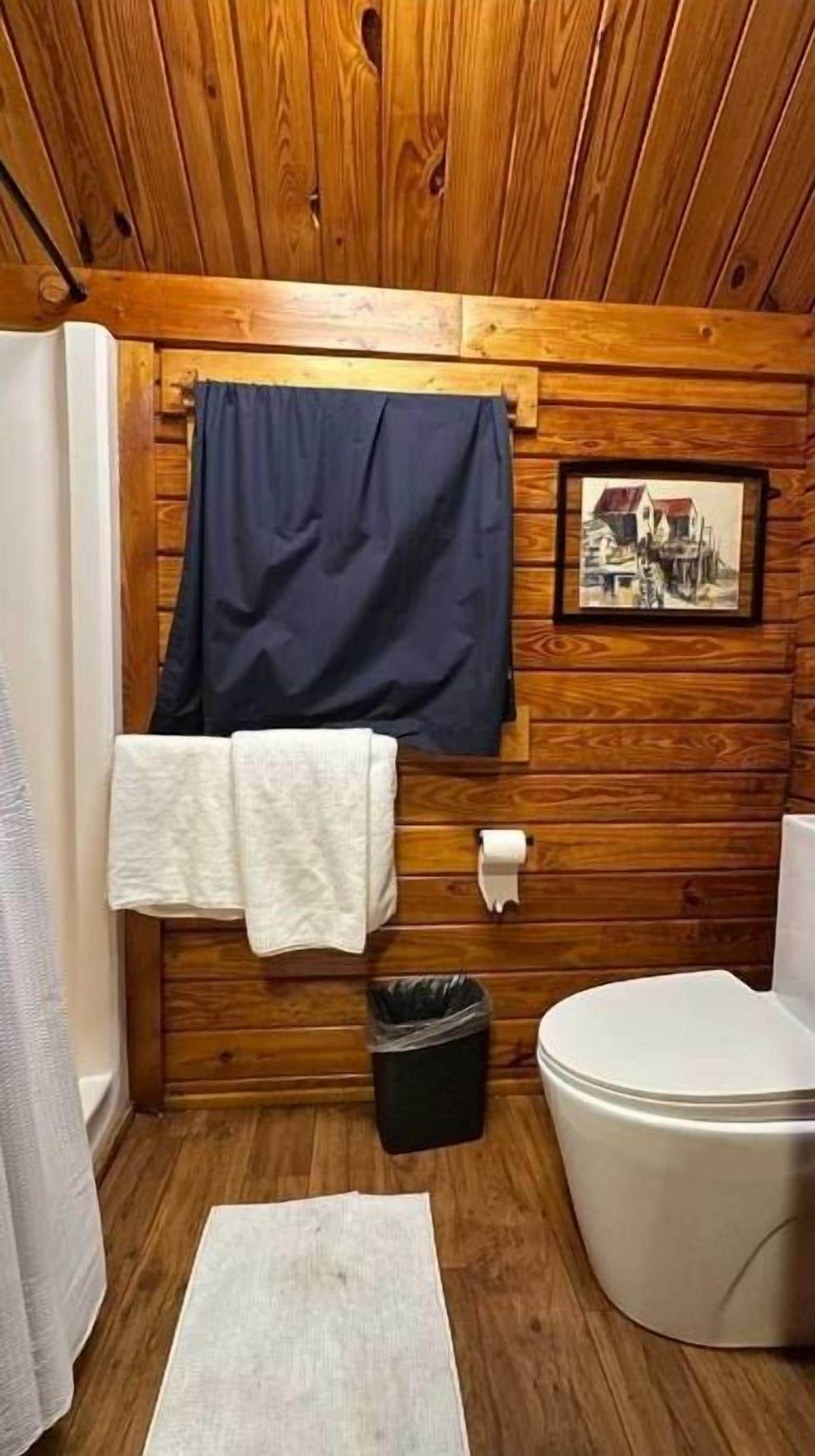 A wooden-paneled bathroom with a toilet, a small trash bin, a white rug, and a framed picture on the wall.