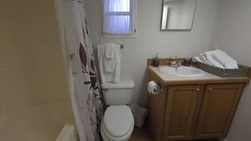 A bathroom with a toilet, sink, and a shower curtain.