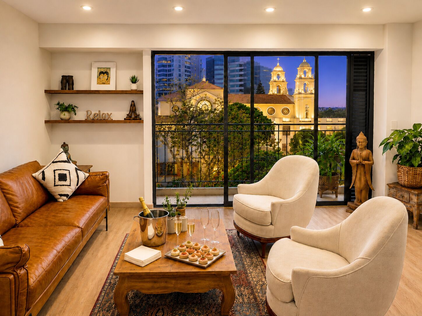 A living room with a brown leather sofa, two beige armchairs, a wooden coffee table with snacks and drinks, and a large window with a view of a church and buildings.