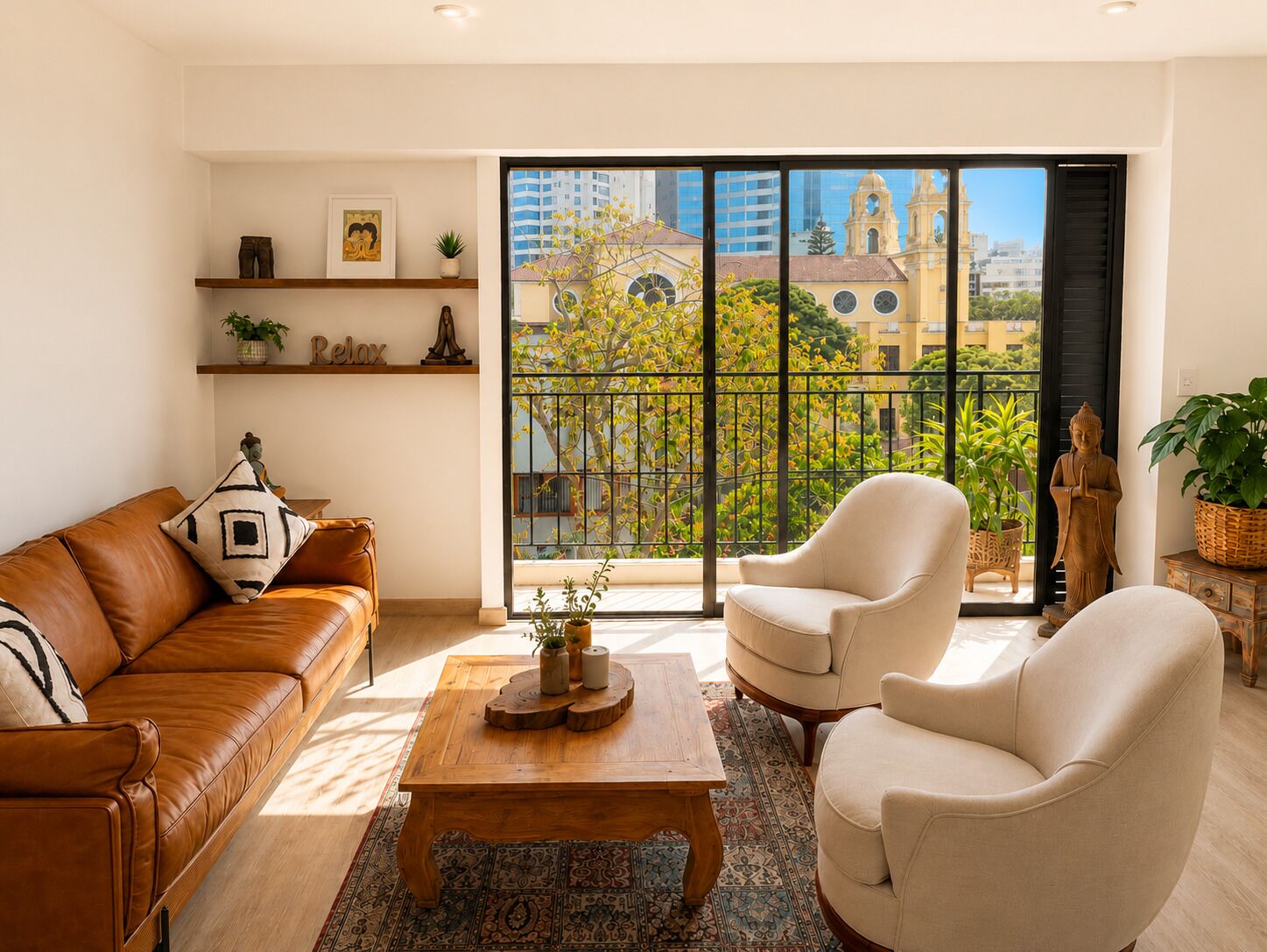 Una sala de estar con un sofá de cuero marrón, un sillón color beige, una mesa de centro de madera y un ventanal con vistas a edificios y árboles.