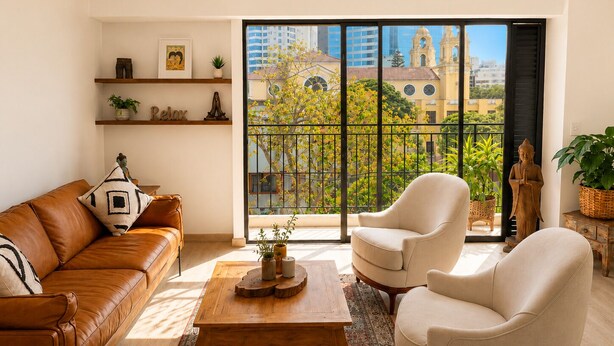A living room with a brown leather sofa, a beige armchair, a wooden coffee table, and a large window with a view of buildings and trees. - Deluxe Retreat Steps from Larcomar (Miraflores)