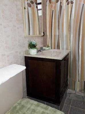 A bathroom with a bathtub, a sink, a mirror, and a shower curtain. - Rancho da raposa (Campos do Jordão)