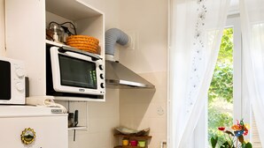 Une cuisine compacte équipée d’un four à micro-ondes, d’une cuisinière et de placards de rangement.